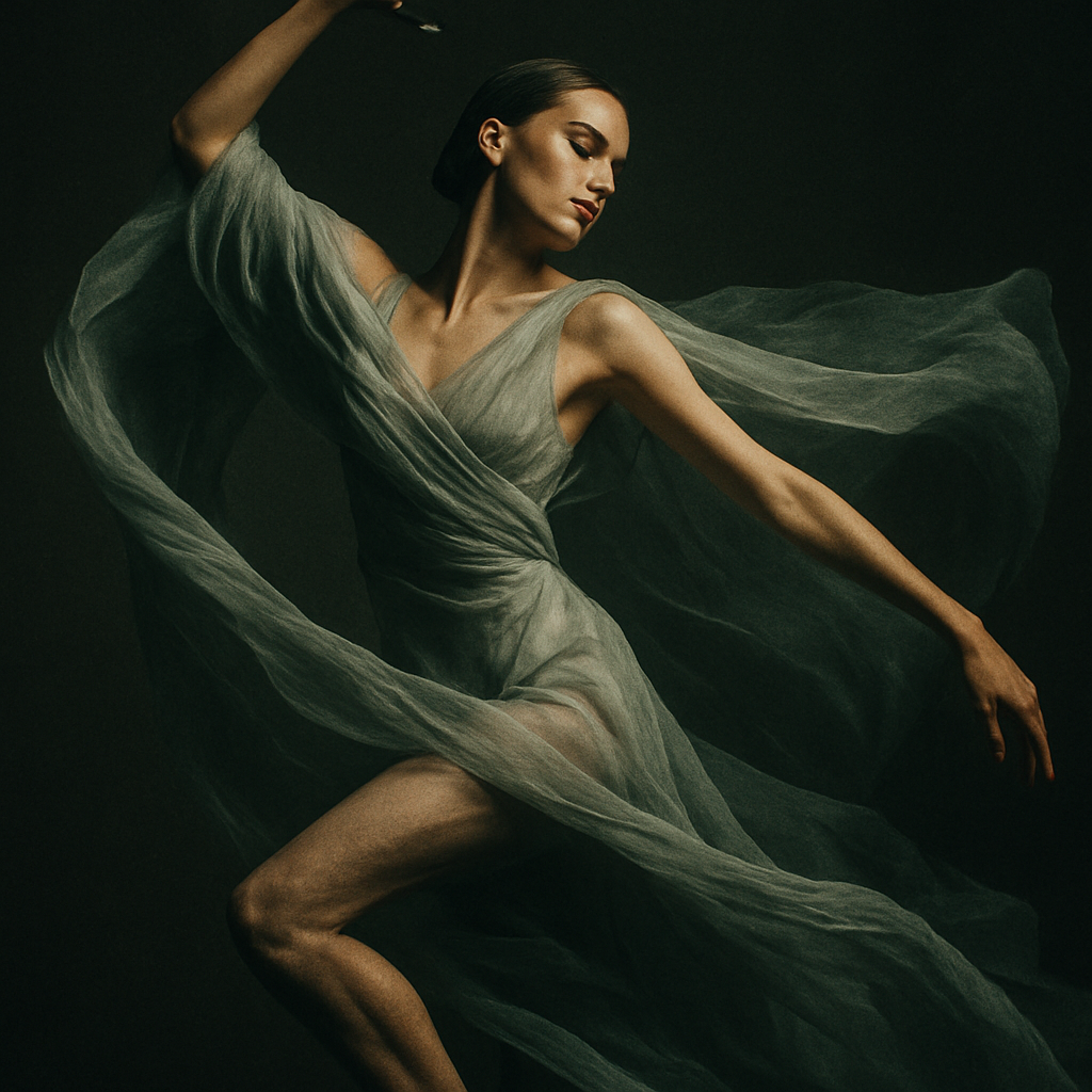 High Fashion Editorial mit fließendem Stoff im Studio